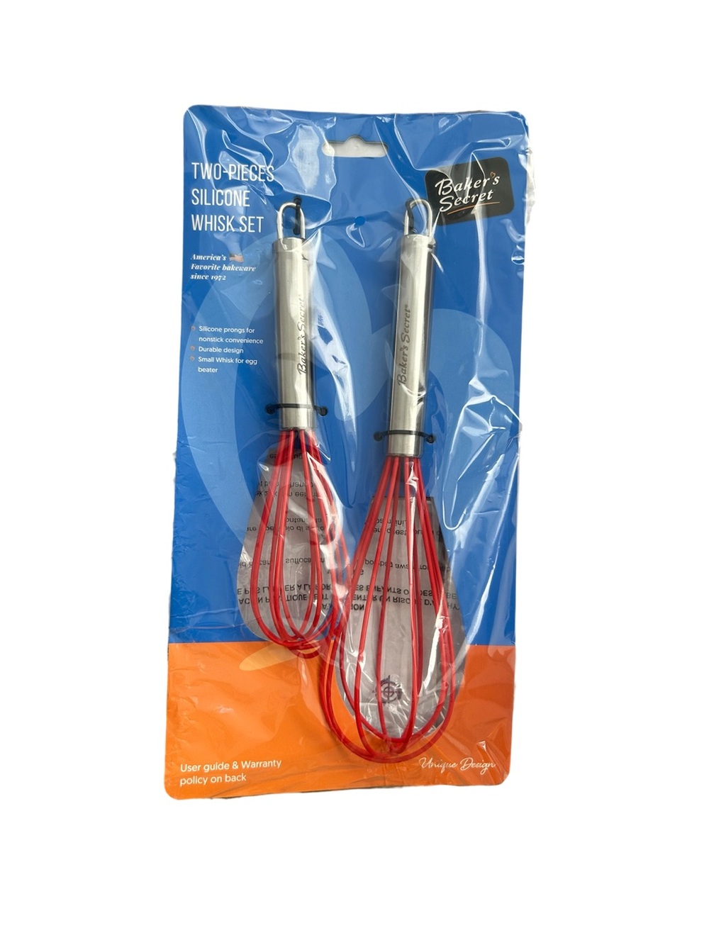 New Baker’s Secret Set Two Red Silicone Whisks Stainless Steel Handles SM & LG